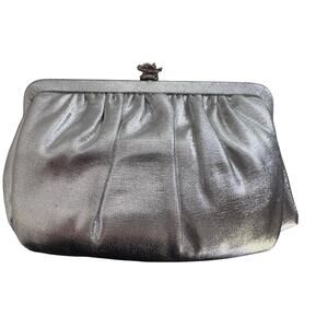 Vintage Admiral Metallic Silver Rose Clasp Clutch Purse